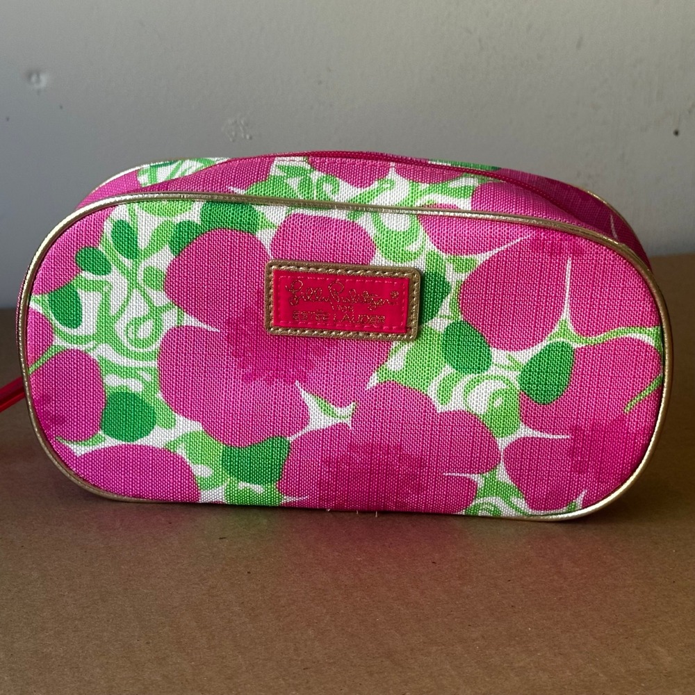 Lilly Pulitzer Estee Lauder Floral Makeup Bag Pink Green Canvas Cosmetic Pouch